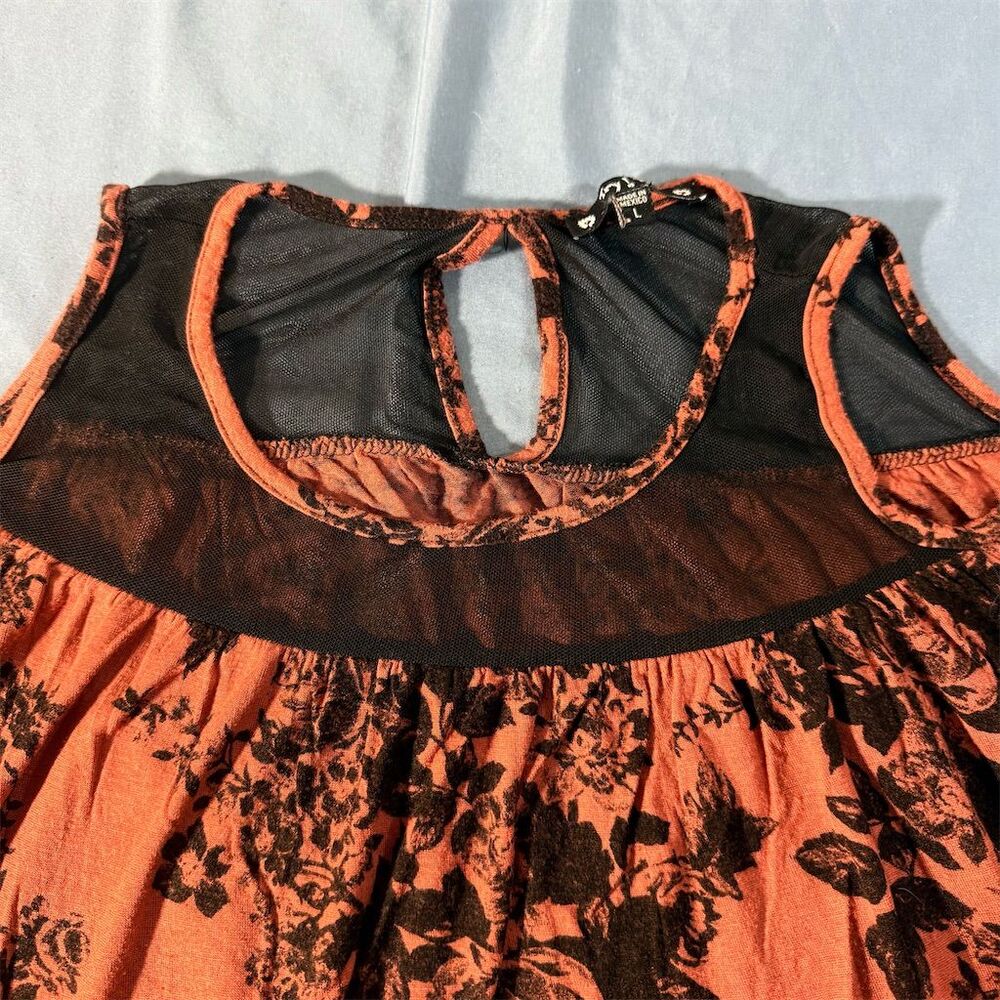 Try! This Women Floral Cold Shoulder Mesh Yoke Top Burnt Orange Black Large - Picture 4 of 8